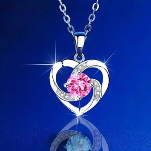 Pink Cubic Zirconia heart shaped pendant necklace